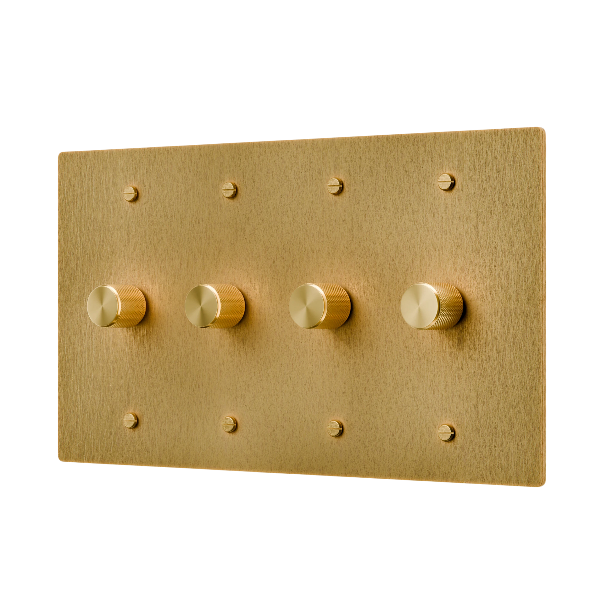 Gold rotary dimmer control panel with four knobs on a white background