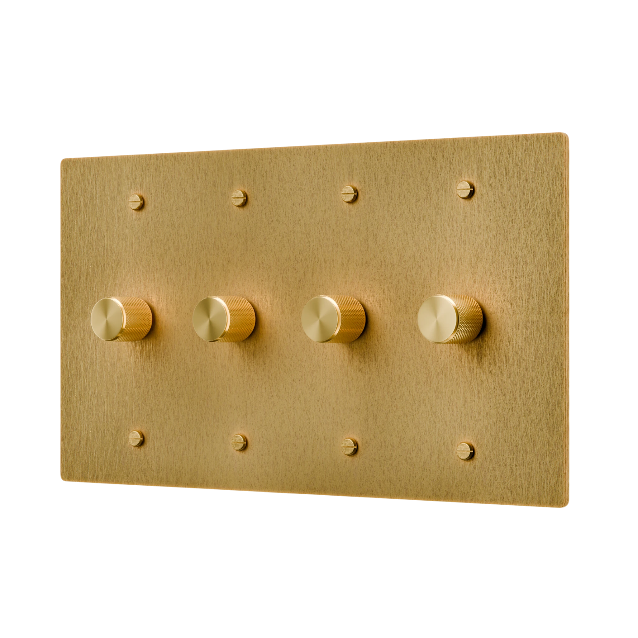 Gold rotary dimmer control panel with four knobs on a white background