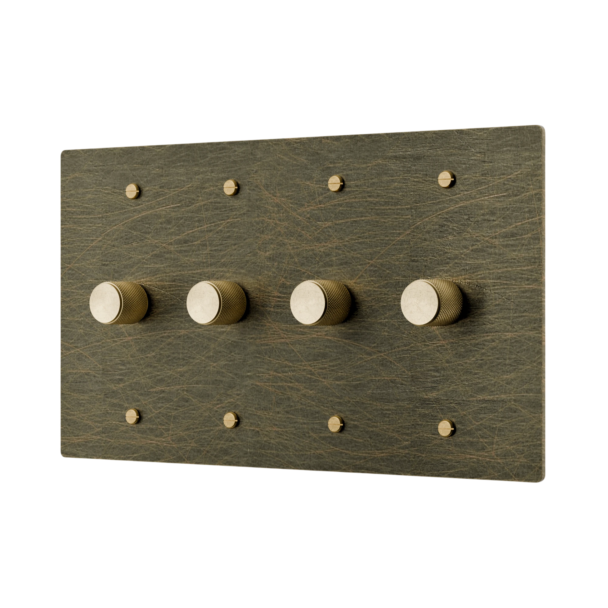 Antique bronze Brass dimmer wall plate with brass knobs on a white background