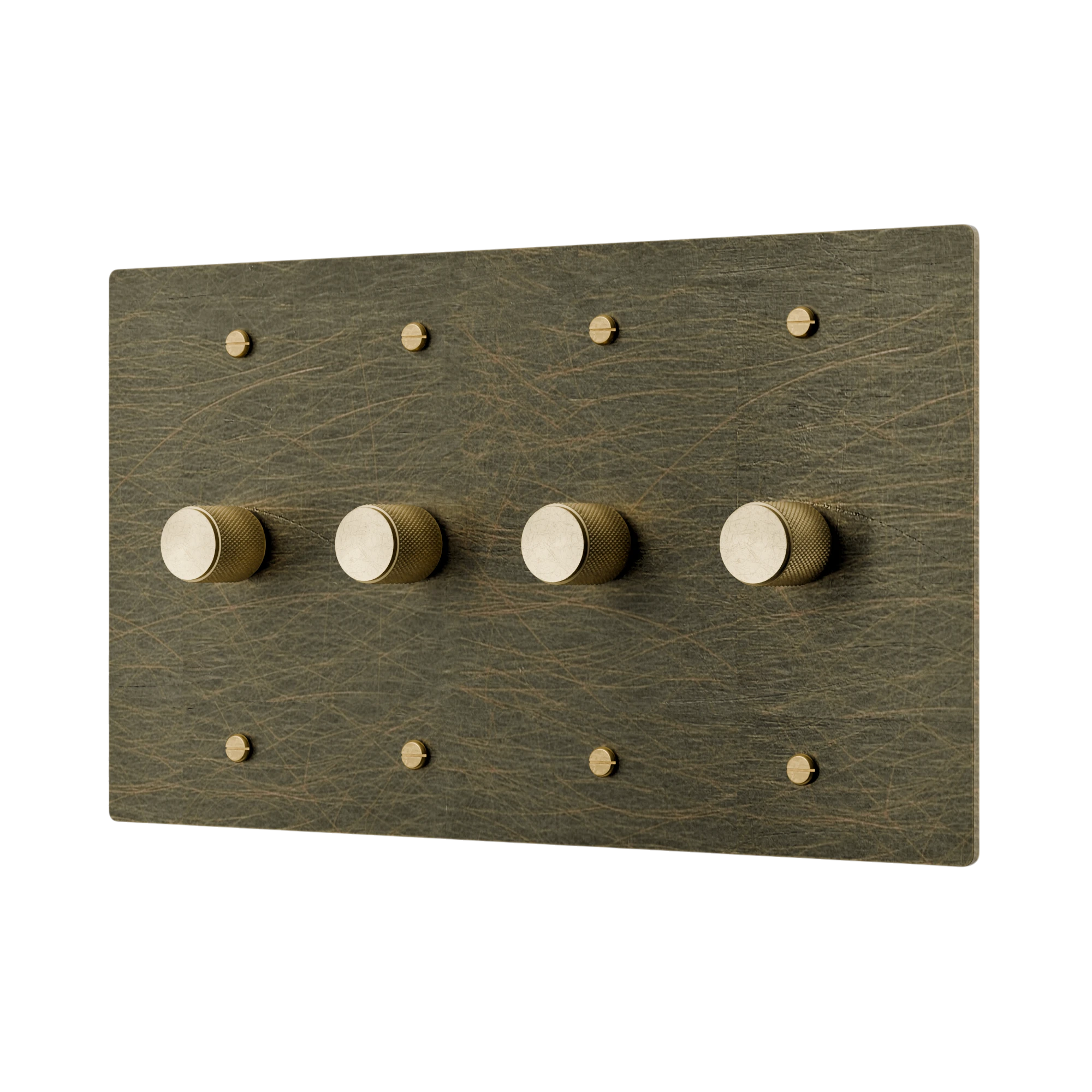 Antique bronze Brass dimmer wall plate with brass knobs on a white background