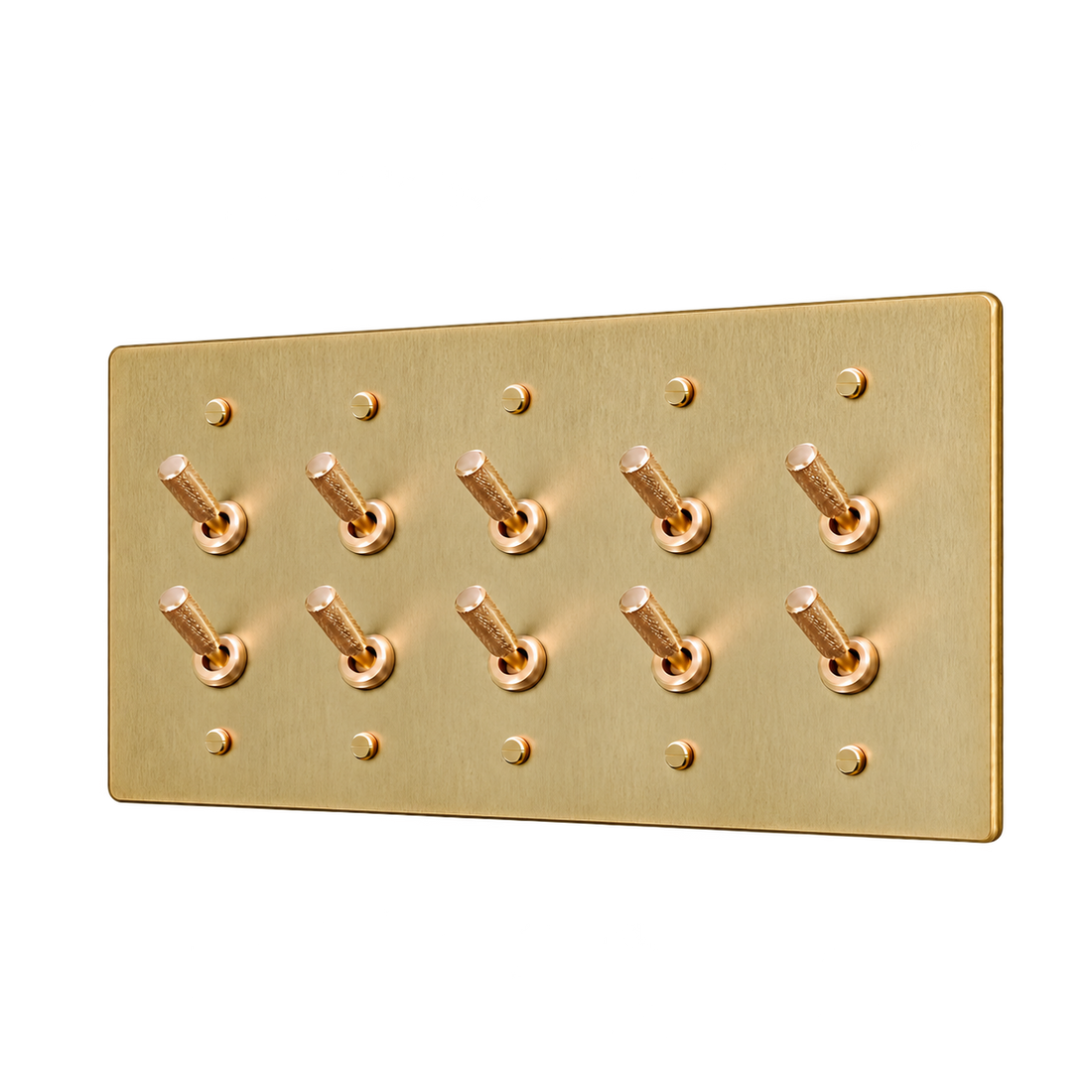 Double Knurled Brass Toggle Switch Plate — 5-Gang — Satin Brass