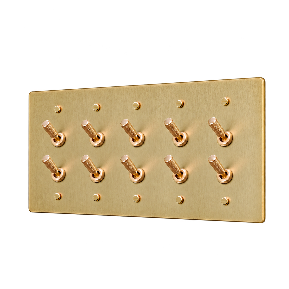Double Knurled Brass Toggle Switch Plate — 5-Gang — Antique Brass (Hand-Brushed)