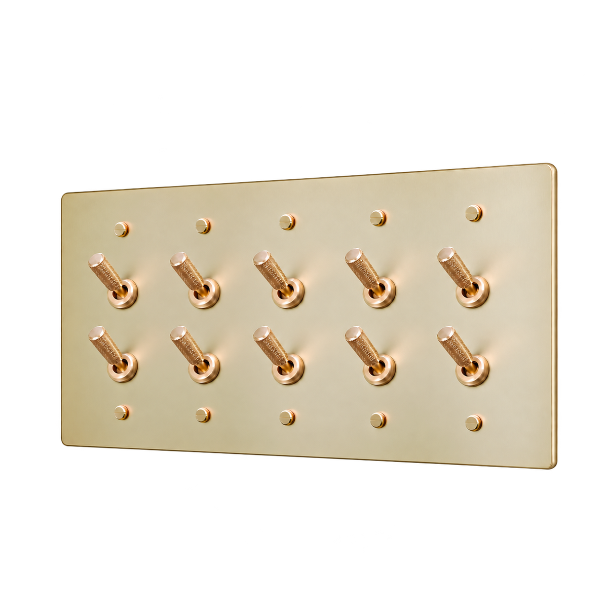Double Knurled Brass Toggle Switch Plate — 5-Gang — Satin Brass