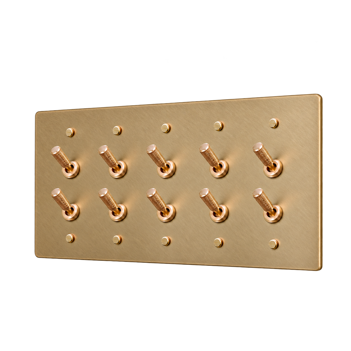 Double Knurled Brass Toggle Switch Plate — 5-Gang — Unlacquered Antique Brass (Hand-Brushed)
