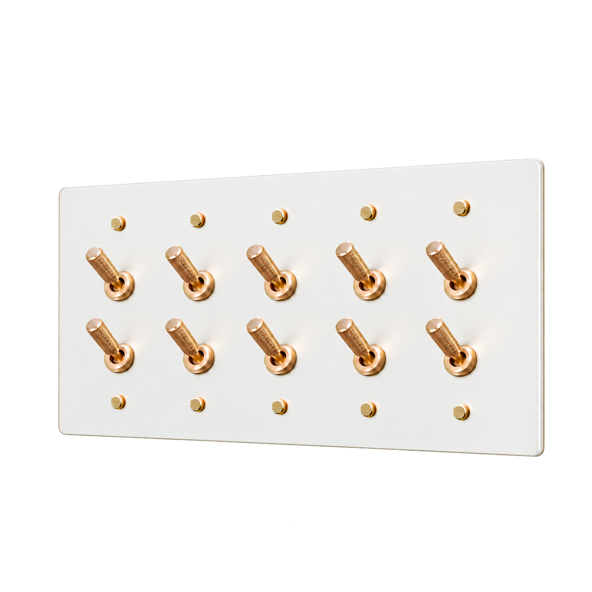 Double Knurled Brass Toggle Switch Plate — 5-Gang — White