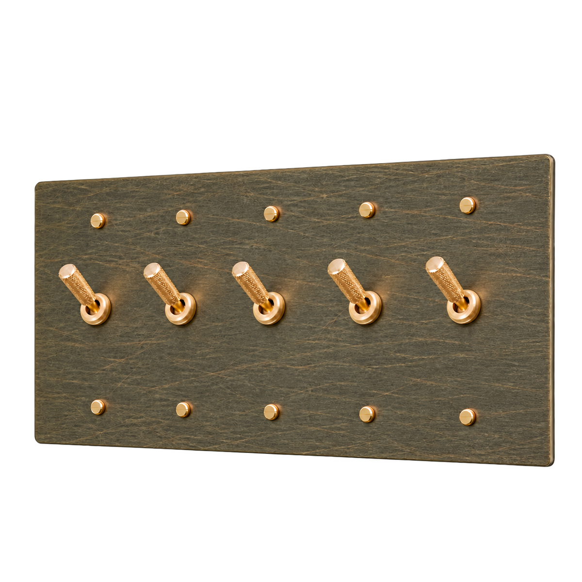 Knurled Brass Toggle Switch Plate — 5-Gang — Aged Bronze (Hand-Brushed)