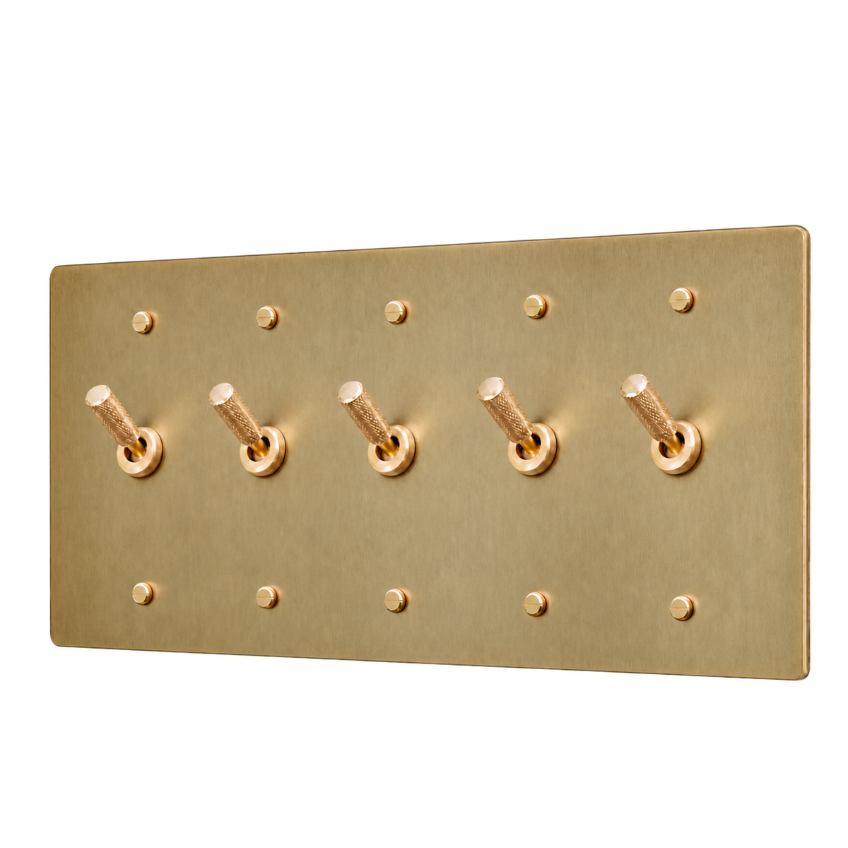 Knurled Brass Toggle Switch Plate — 5-Gang — Antique Brass (Hand-Brushed)