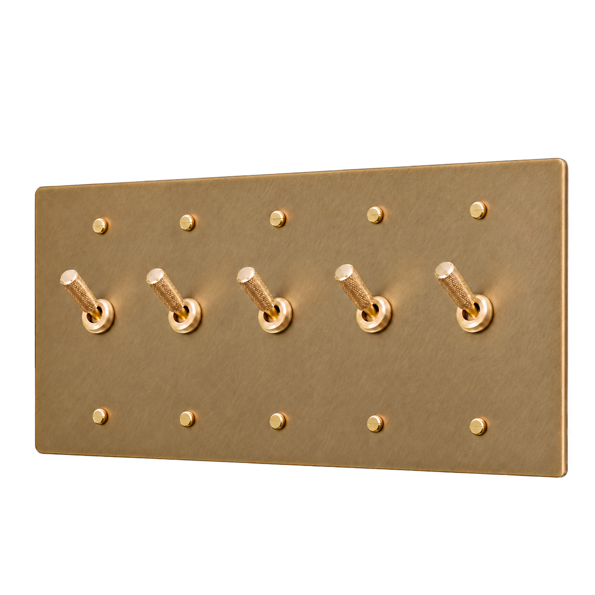 Knurled Brass Toggle Switch Plate — 5-Gang — Unlacquered Antique Brass (Hand-Brushed)