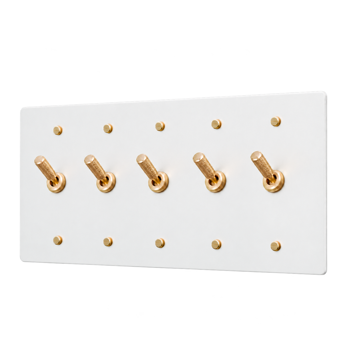 Knurled Brass Toggle Switch Plate — 5-Gang — White
