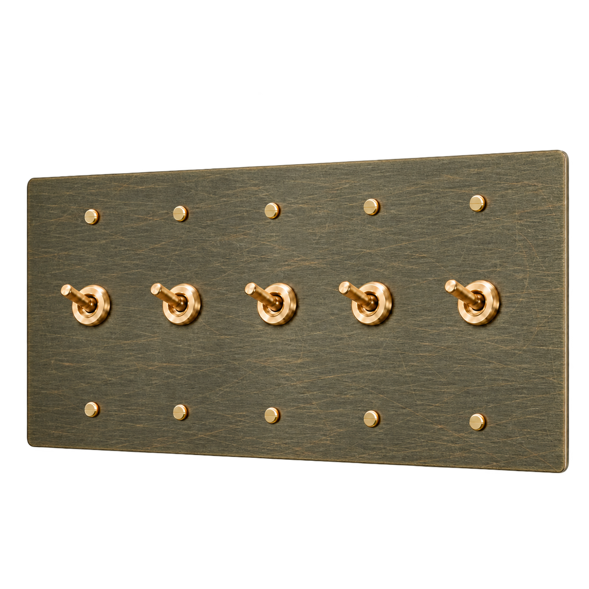 Brass Retro Toggle Switch Plate — 5-Gang — Aged Bronze (Hand-Brushed)