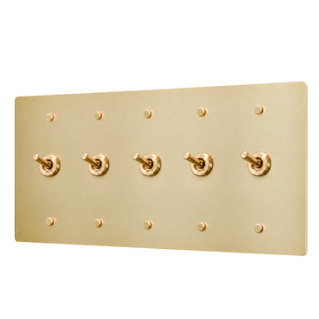 Brass Retro Toggle Switch Plate — 5-Gang — Satin Brass