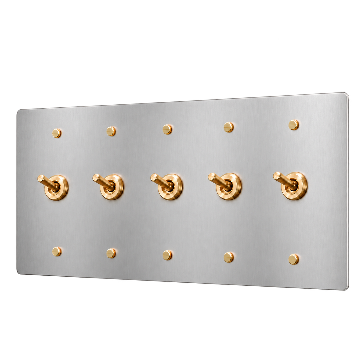 Brass Retro Toggle Switch Plate — 5-Gang — Stainless Steel & Brass