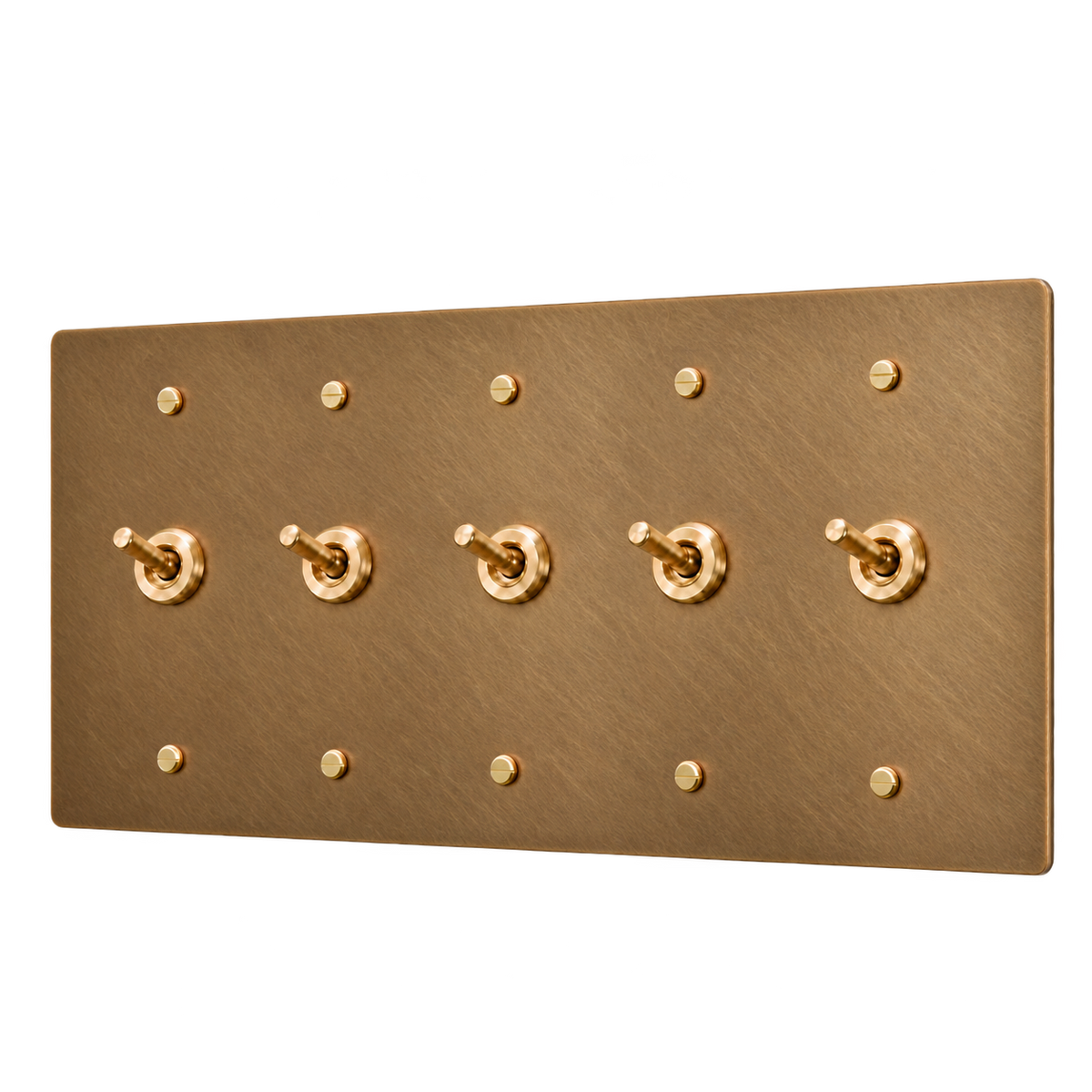 Brass Retro Toggle Switch Plate — 5-Gang — Unlacquered Antique Brass (Hand-Brushed)