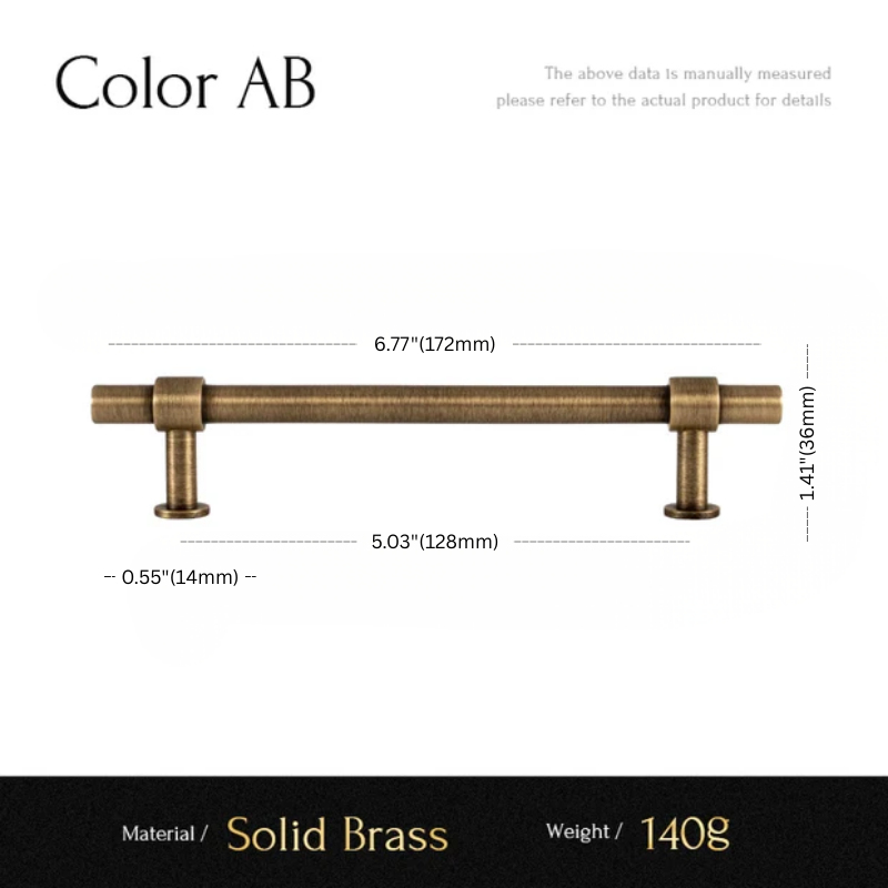 Measurement chart of a solid brass cabinet handle with dimensions and material details.