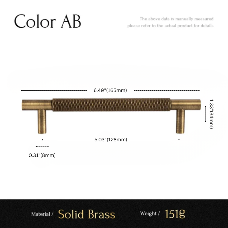 Measurement chart of a solid brass handle with dimensions and material details.