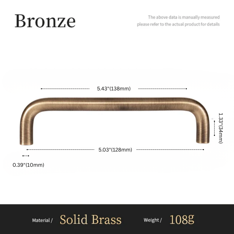 Bronze cabinet handle with dimensions and material details on a white background