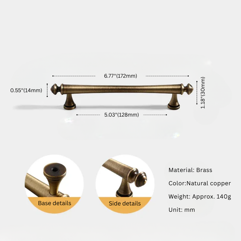 Brass cabinet handle with dimensions and material details on a white background