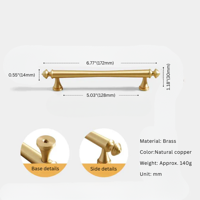 Gold cabinet handle with dimensions and material details on a white background