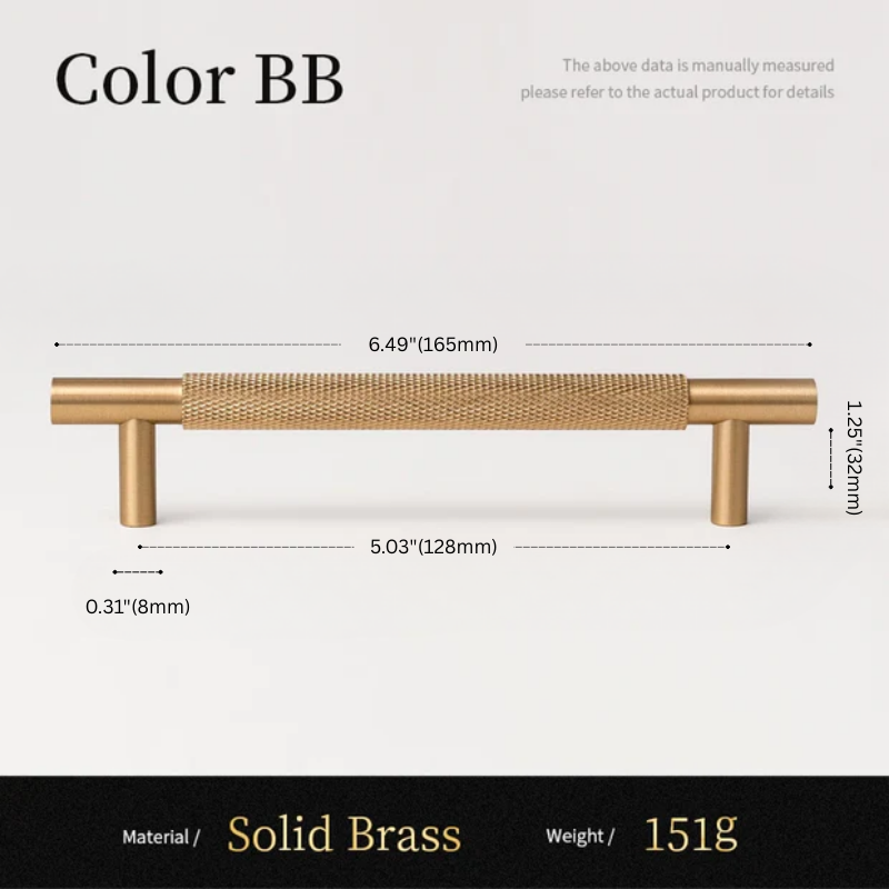 Measurement chart for a solid brass handle with dimensions and material details.