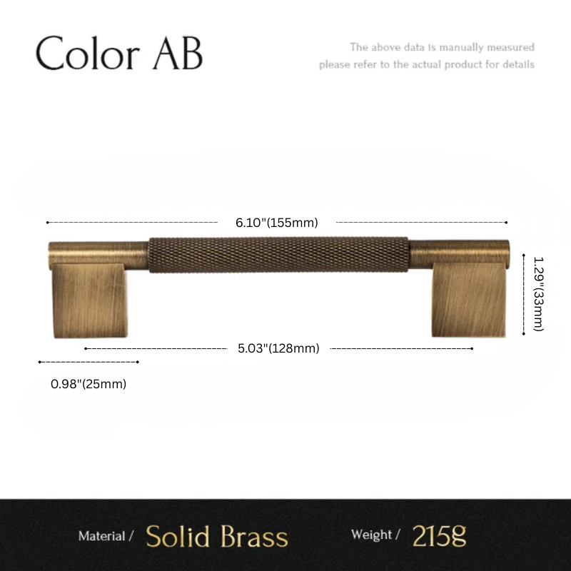 Measurement chart for a solid brass handle with dimensions and material details.