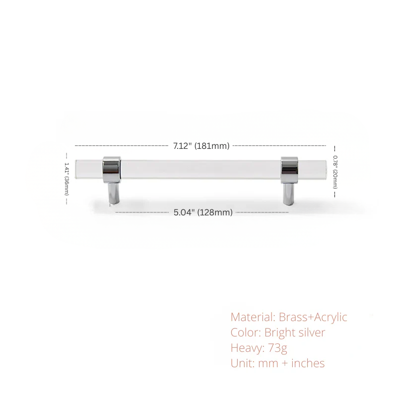Measurement chart of a rectangular handle with dimensions and material details on a white background