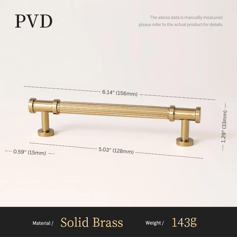 Gold cabinet handle with dimensions and material details on a white background
