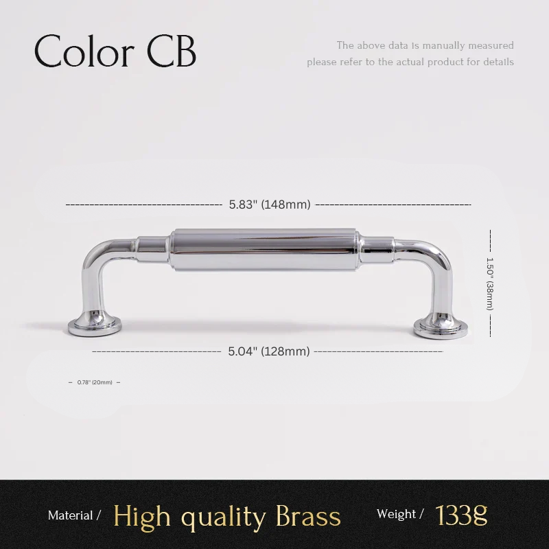 Cabinet handle with dimensions and material details on a white background