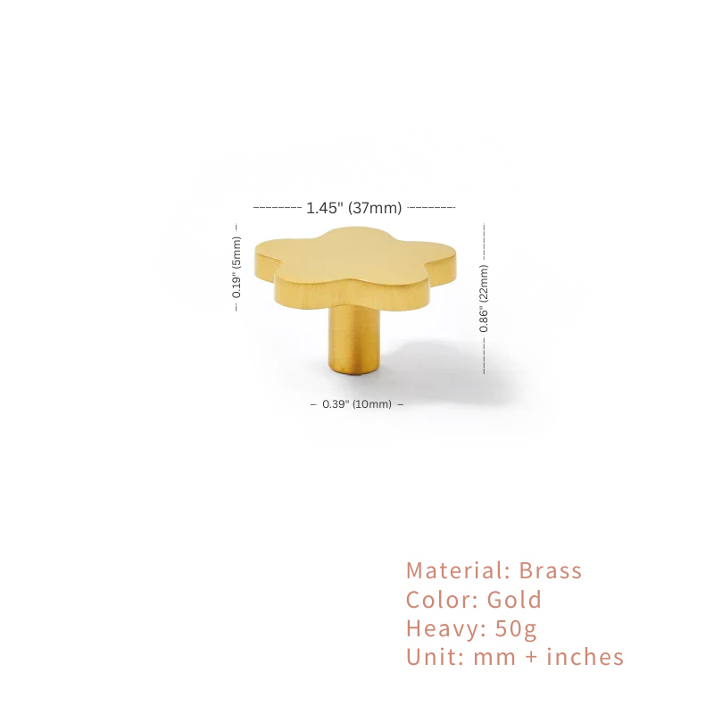 Gold-colored knob with dimensions and material information on a white background