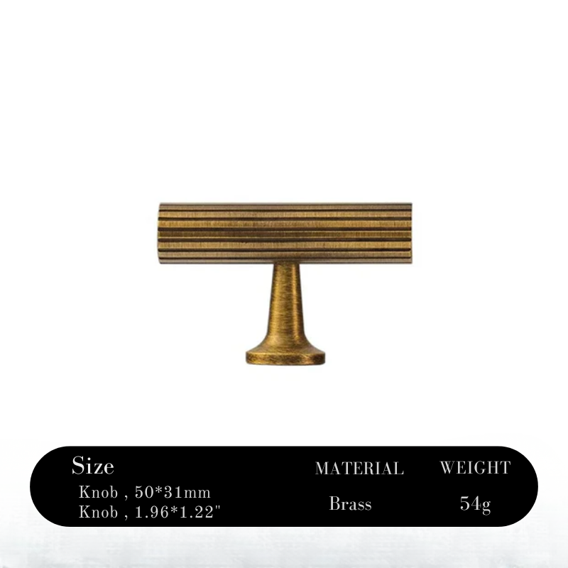 Brass cabinet knob with size, material, and weight information on a white background