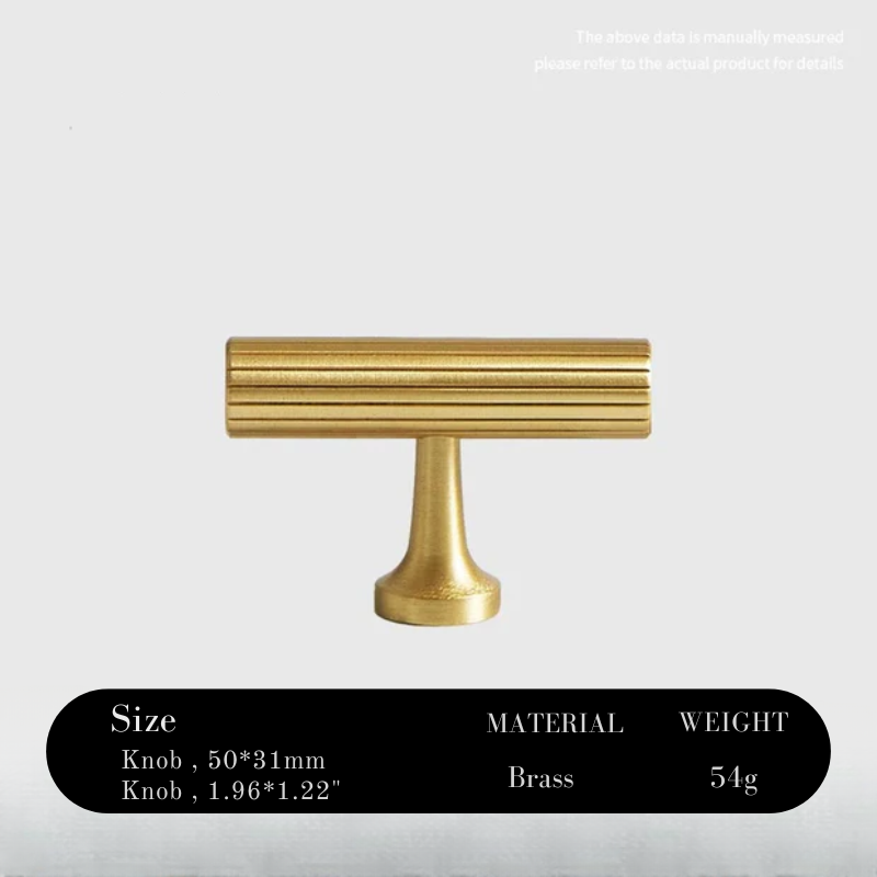 Gold cabinet knob with size, material, and weight information on a light gray background
