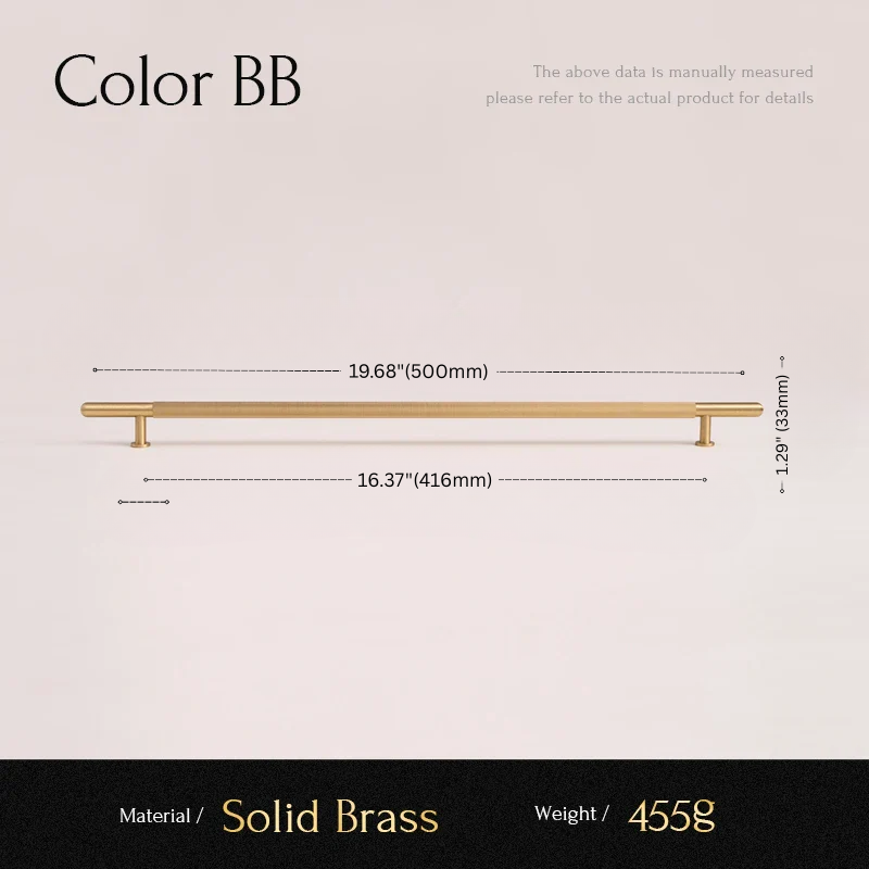 Measurement chart for a solid brass handle with dimensions and weight information.