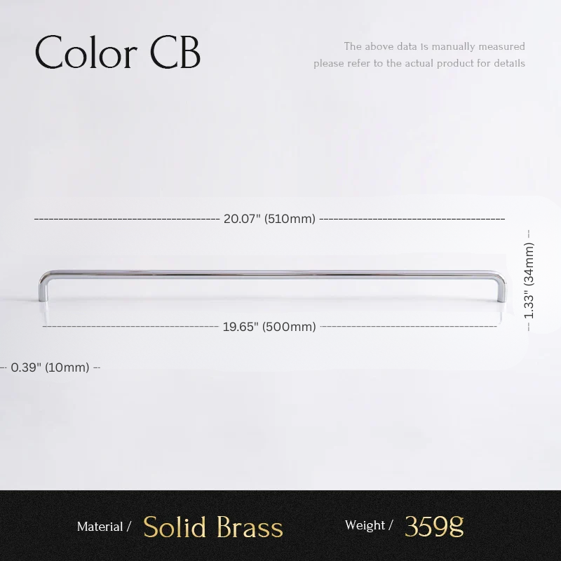 Measurement chart for a solid brass product labeled 'Color CB' with dimensions and weight details.