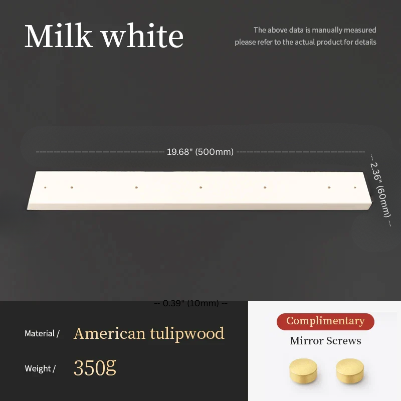 Measurement chart for a milk white wooden panel with dimensions and material details on a dark background.