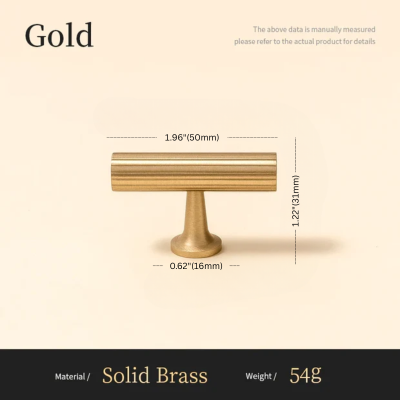 Gold cabinet knob with dimensions and material details on a beige background