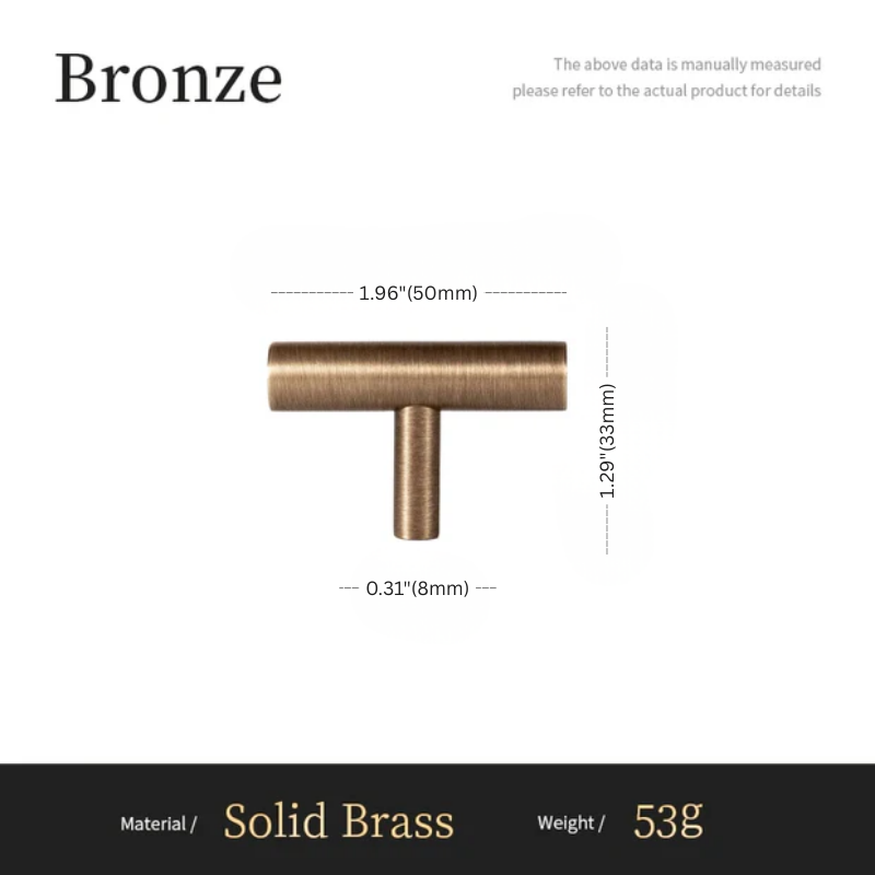 Bronze cabinet handle with dimensions and material details on a white background