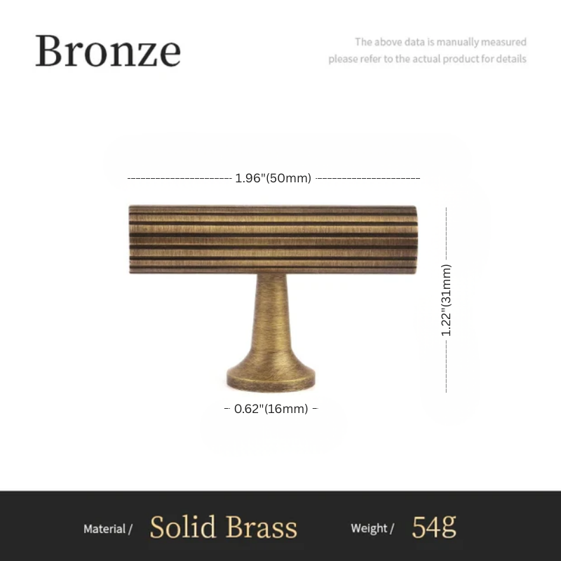 Bronze cabinet knob with dimensions and material details on a white background