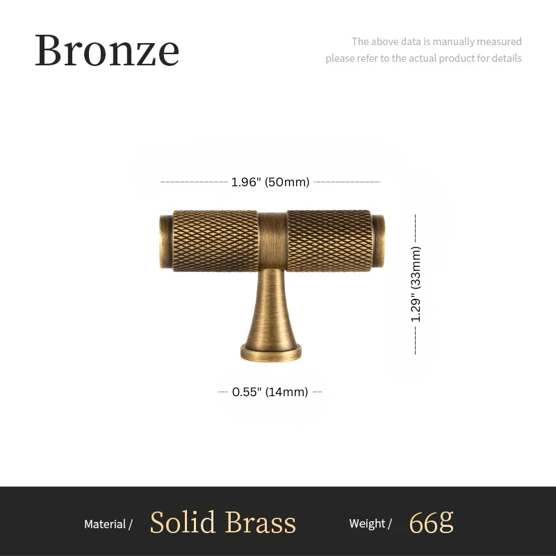 Bronze cabinet knob with dimensions and material details on a white background