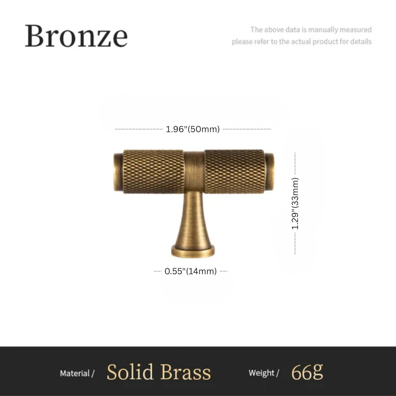 Bronze cabinet knob with dimensions and material details on a white background