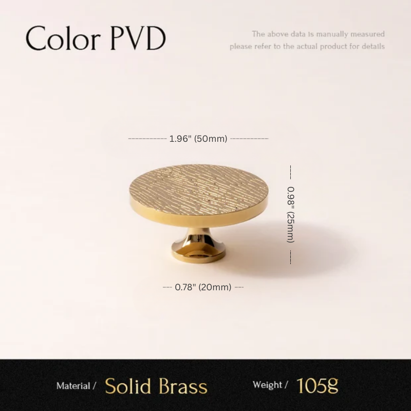Measurement chart of a round brass knob with dimensions and material details on a light background.