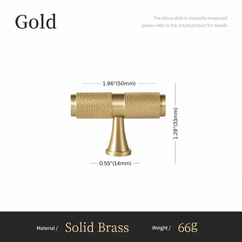 Gold cabinet handle with measurements on a white background