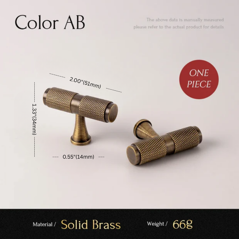Two solid brass cabinet knobs with measurements and material details on a light gray background.