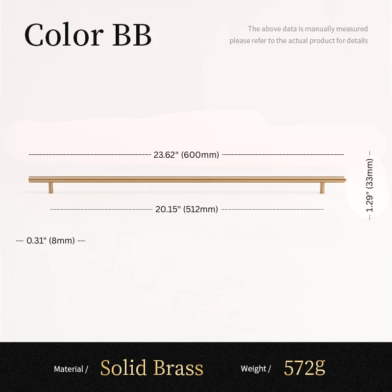 Measurement chart for a solid brass bar with dimensions and material details.