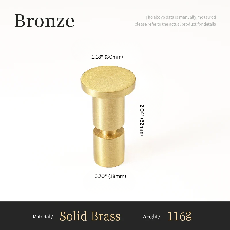 Bronze cylindrical object with measurements and material details on a white background