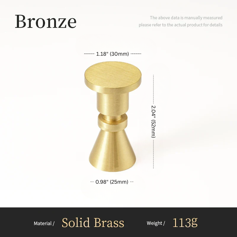 Bronze cylindrical object with dimensions and material details on a white background