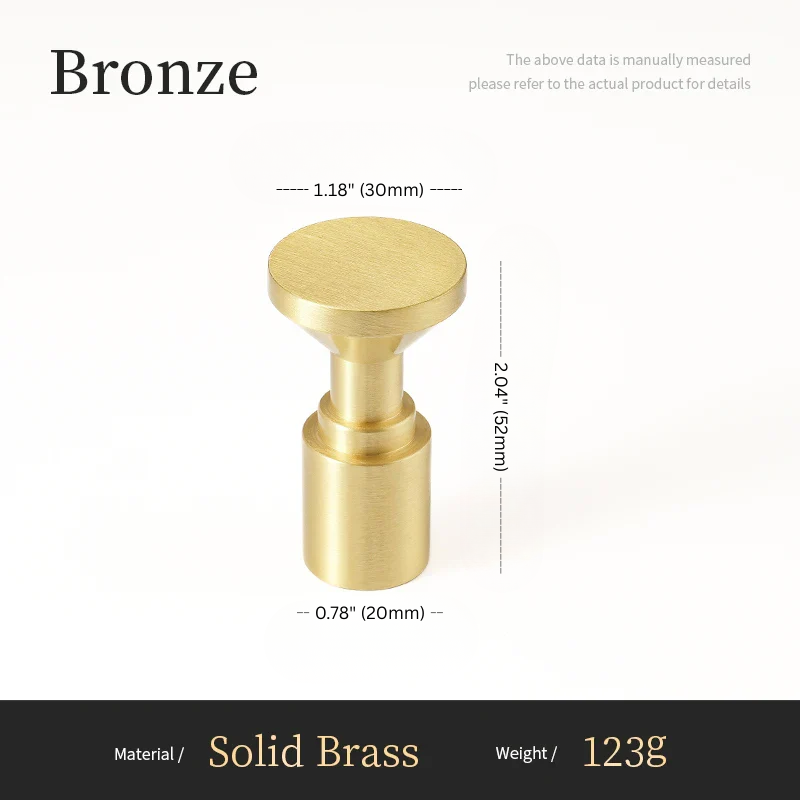 Bronze knob with measurements and material details on a white background