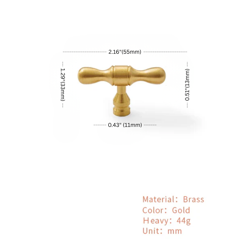 Gold metal handle with dimensions and material details on a white background