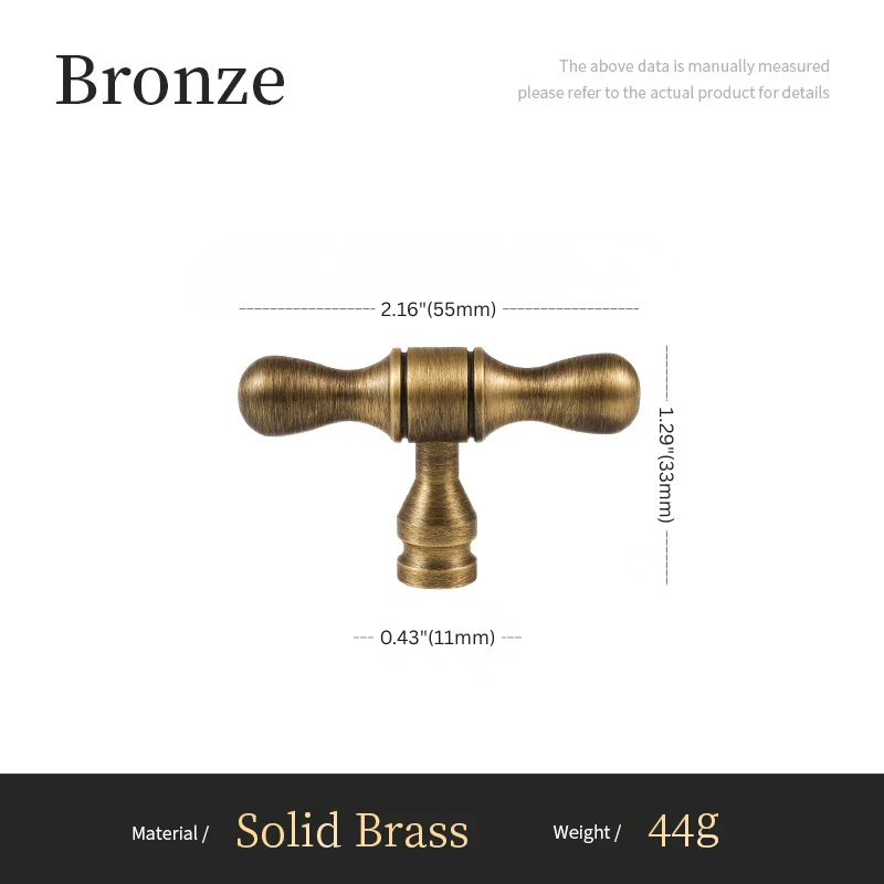 Bronze cabinet handle with dimensions and material details on a white background