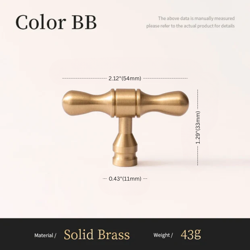Brass handle with dimensions and material details on a white background