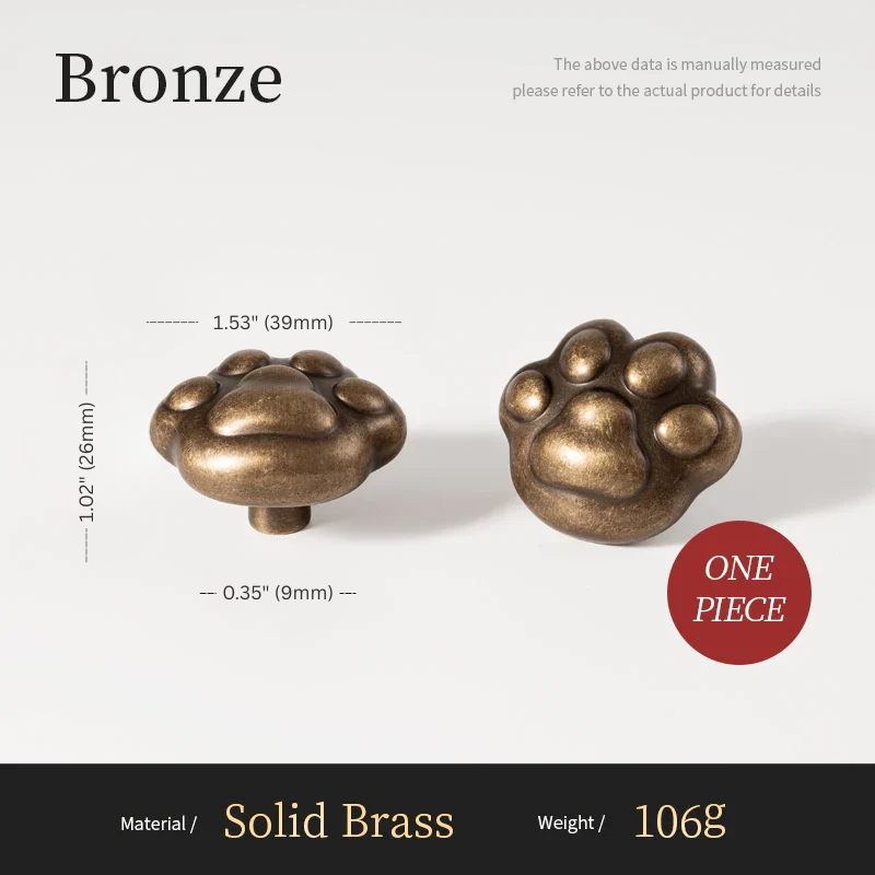 Bronze cabinet knobs with measurements and material details on a white background