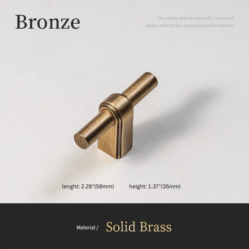 Bronze cabinet handle with dimensions on a white background
